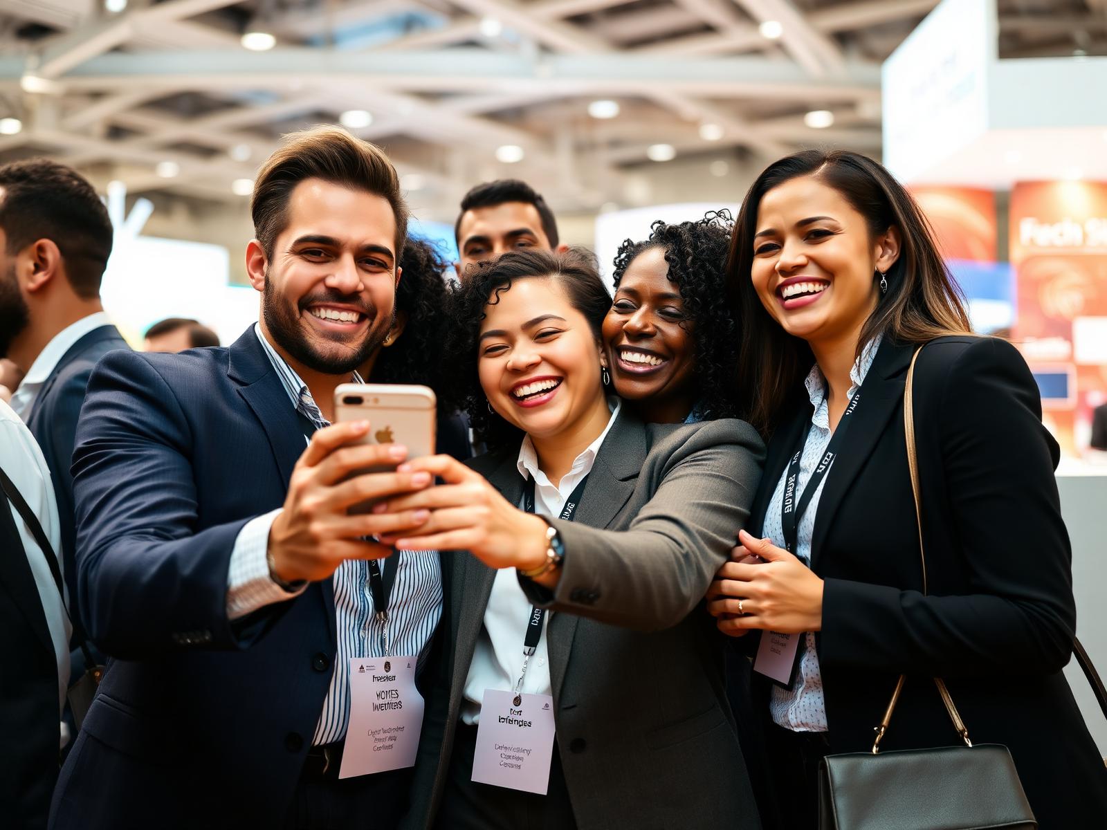Profissionais em um evento corporativo sorrindo enquanto tiram selfie em grupo